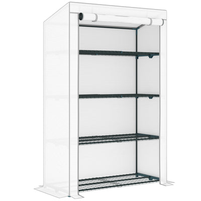 4 Tier Lean to Mini Greenhouse with Reinforced PE Cover and Roll-Up Door Grey by Outsunny