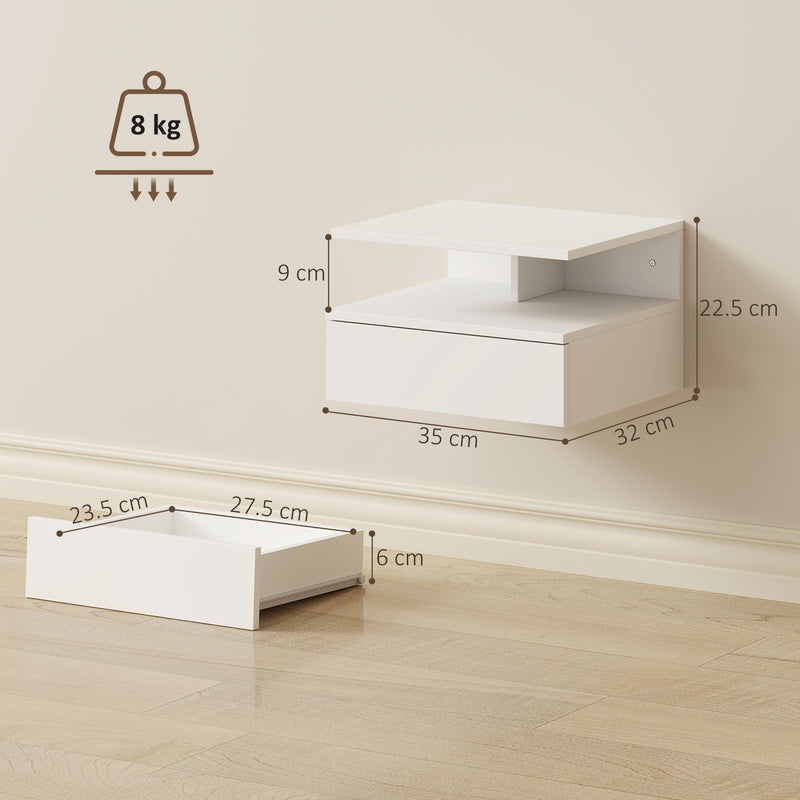 Floating Bedside Cabinets Set of 2 with Drawer and Shelf Space Saving Storage White AOSOM