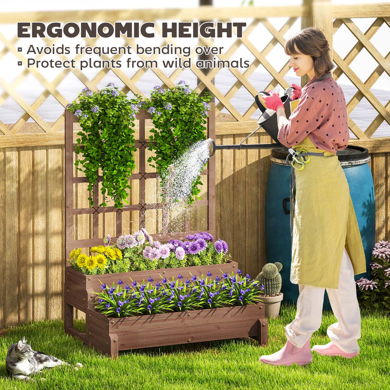 2 Tier Wooden Raised Garden Bed with Trellis and Drainage for Climbing Plants and Vegetables by Outsunny
