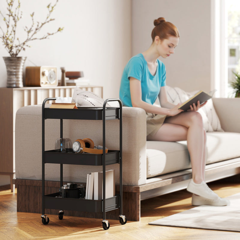 Three Tier Steel Storage Trolley With Lockable Wheels For Home Or Office Use Black