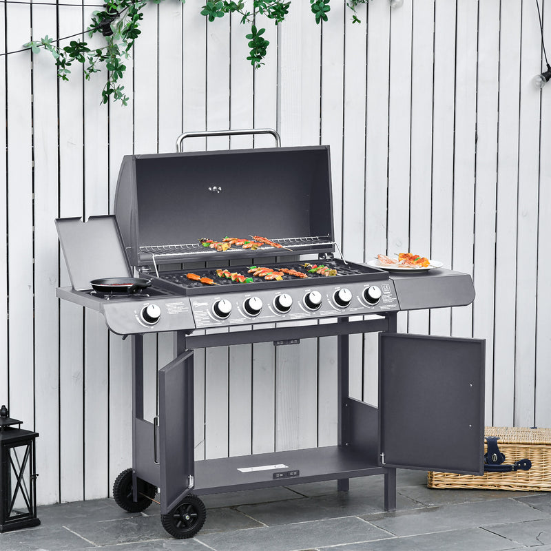 7 Burner Gas BBQ Grill with Side Shelves Grey by Outsunny