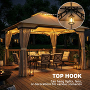 3.3 x 3.3m Metal Garden Gazebo with Mesh Sides for Shade and Insect Protection, Khaki Outsunny