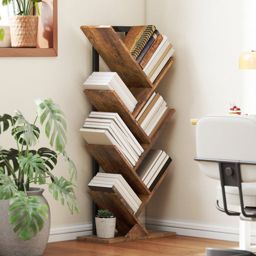 Six Section Tree Shaped Bookcase With Open Display Shelves For Home Storage Wood Effect
