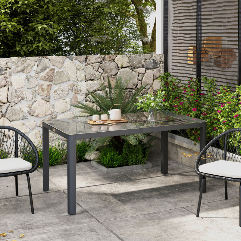 Grey Aluminium Rectangular Garden Table With Tempered Glass Top Ideal For Outdoor Dining 150cm