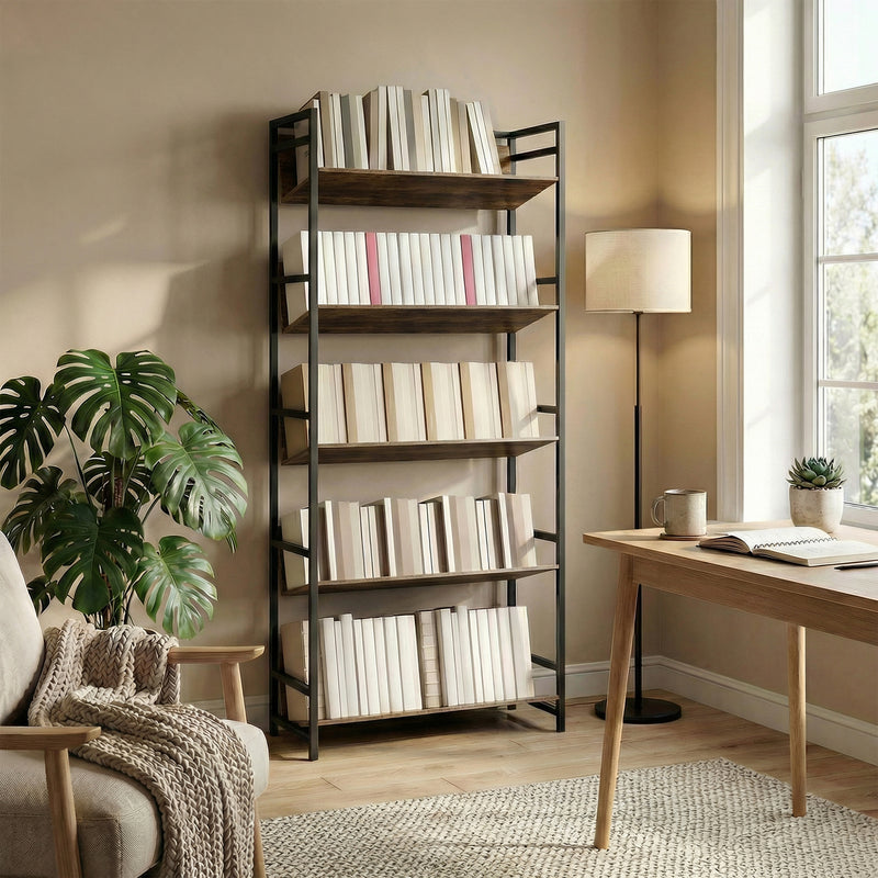 Bookcase and Room Divider with Five Secure Shelves for Organised Living Rustic Brown Black AOSOM