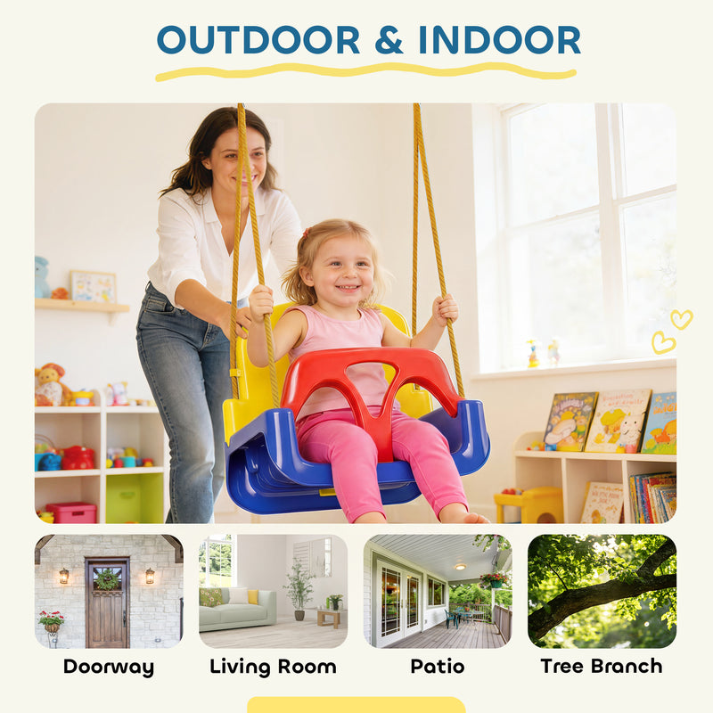 Kids Swing Seat With Adjustable Ropes and Safety Harness for Garden or Indoor Use Multicolour AOSOM