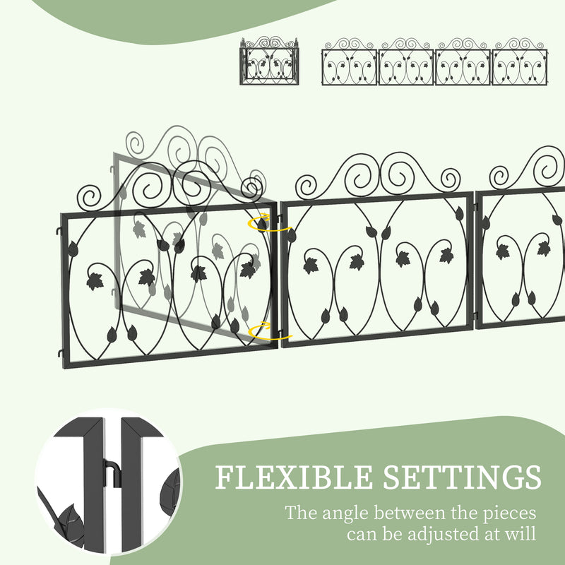 Garden Fence Panels Set of 4 Black Metal 57cm Decorative Leaf Design for Borders Outsunny