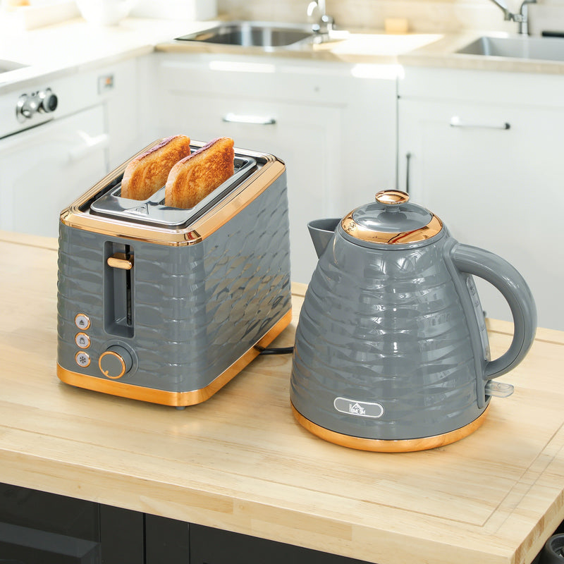 Grey 3000W 1.7L Rapid Boil Kettle and 2 Slice Toaster Set with 7 Browning Levels and Crumb Tray