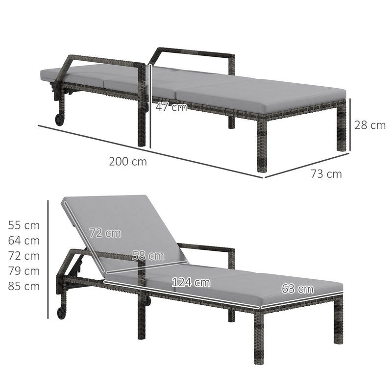 Grey Rattan Sun Loungers Set of 2 With Adjustable Backrest and Wheels for Garden Relaxing