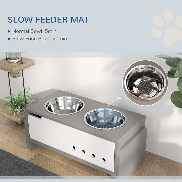 Adjustable Raised Dog Bowl Stand with Storage Slow Feeder Mat and 2 Steel Bowls by PawHut