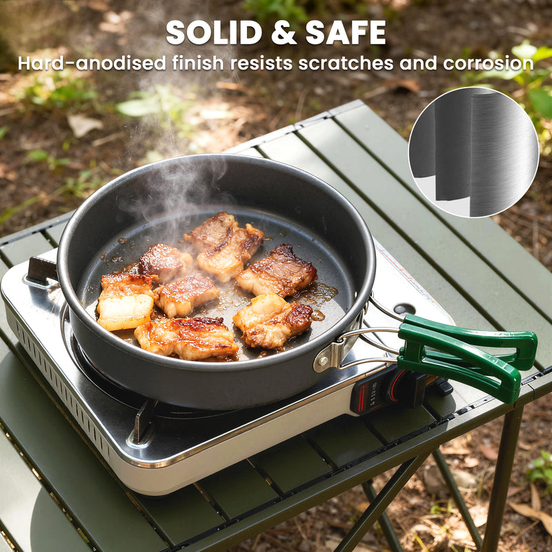 Camping Cookware Set for Two with Quick-Heating Pans and Space-Saving Nesting Design Grey Green