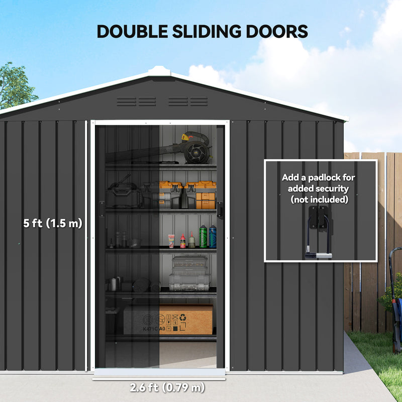 Metal Garden Storage Shed with Double Sliding Doors and Ventilation Slots Dark Grey Outsunny