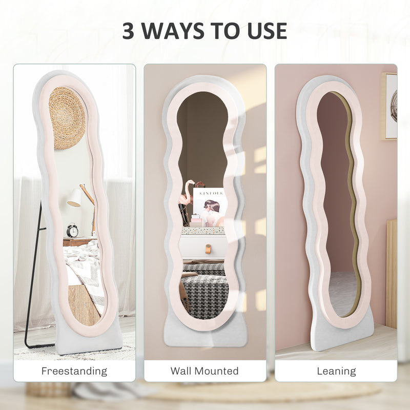 Pink Wavy Velvet Feel Full Length Mirror Stylish Bedroom Decor by HOMCOM