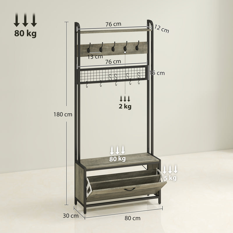 5 in 1 Industrial Hallway Coat Rack With Bench Shoe Storage And Hooks, Grey Black