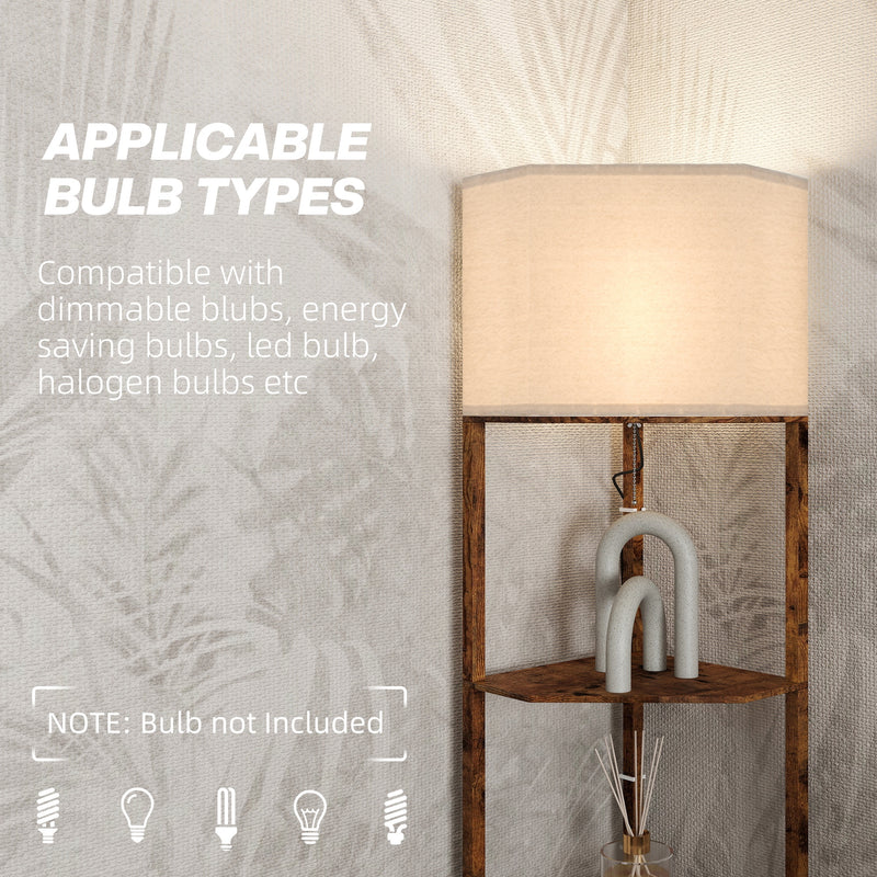 Tall Corner Floor Lamp with Shelves and Chain Switch for Living Room or Bedroom Rustic Brown