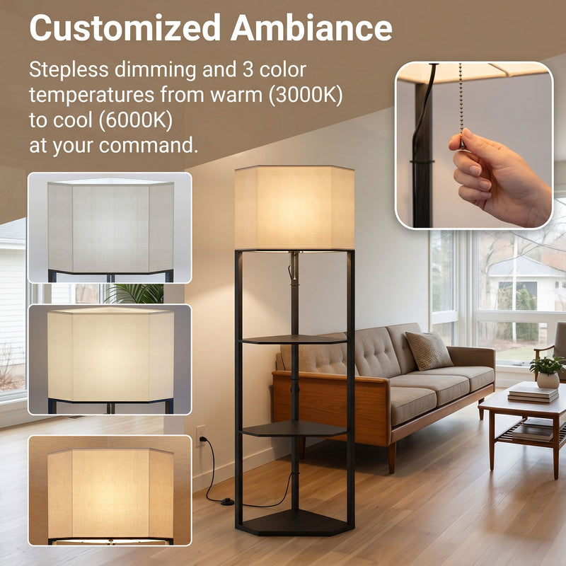 Floor Lamp with Shelves for Extra Storage and Adjustable Lighting Black Beige