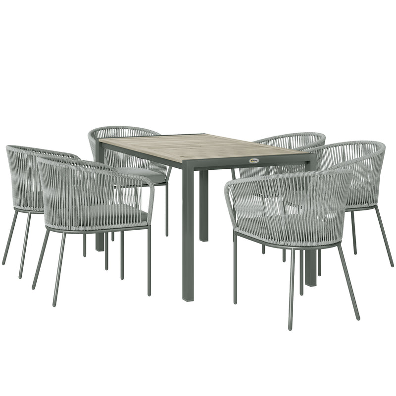 Grey 6 Seater Rattan Garden Dining Set with Rectangular Acacia Table and Cushions by Outsunny
