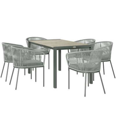 Grey 6 Seater Rattan Garden Dining Set with Rectangular Acacia Table and Cushions by Outsunny