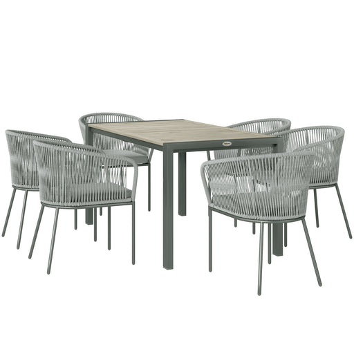 Grey 6 Seater Rattan Garden Dining Set with Rectangular Acacia Table and Cushions by Outsunny