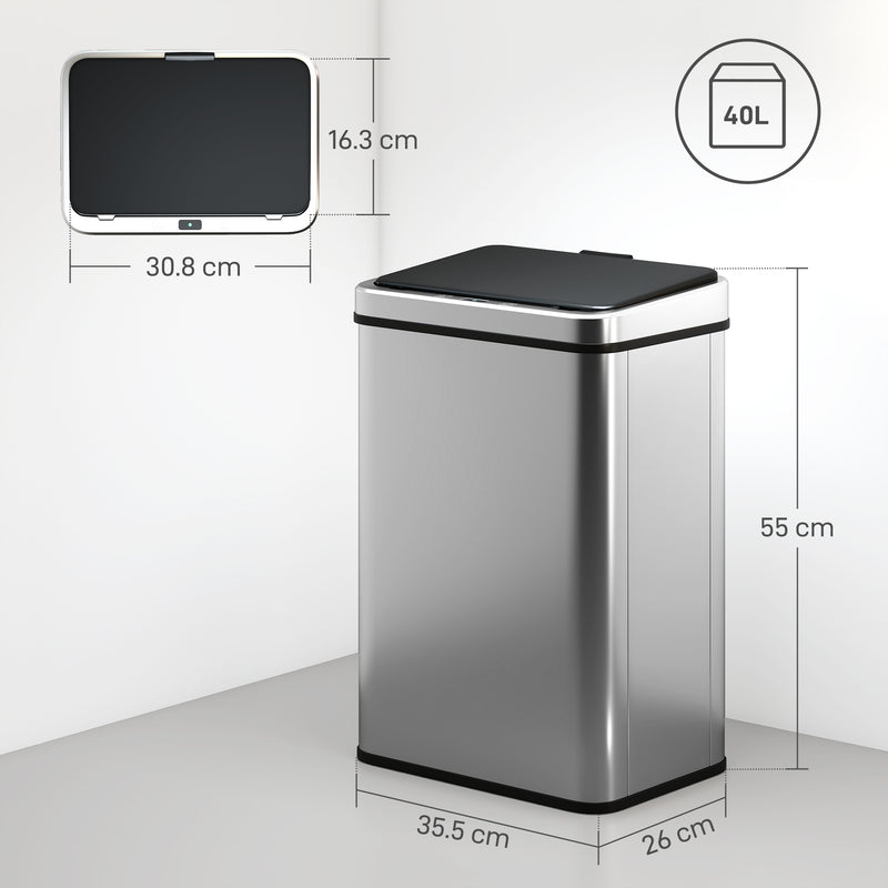 Sensor Kitchen Bin 40L Touch Free Motion Sensor Waste Disposal with Soft Close Lid Silver Homcom