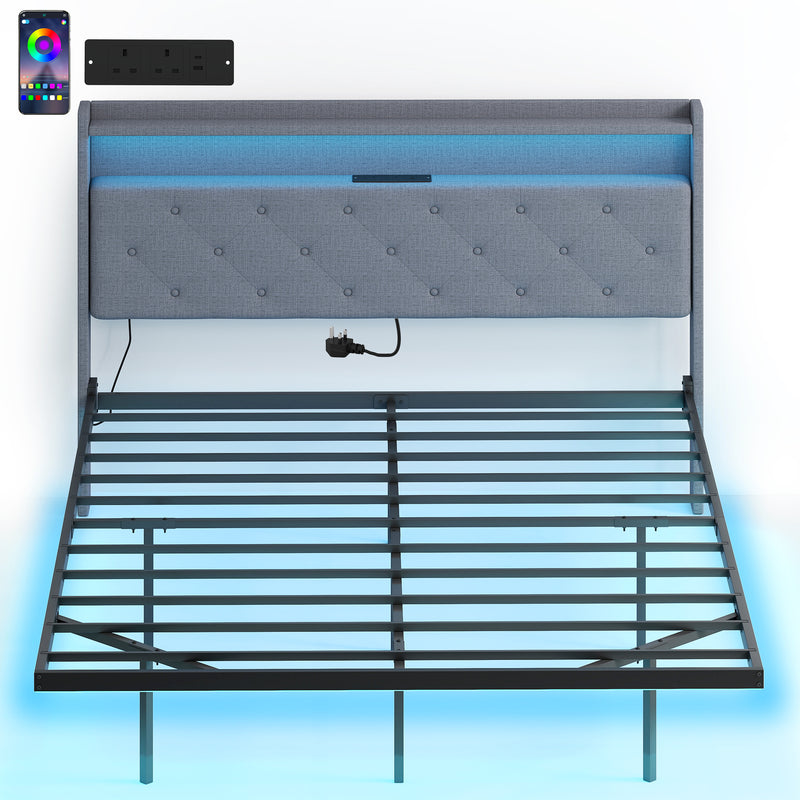 King Size Floating Bed Frame with LED Lights, Charging Ports and Storage Shelves, Grey Homcom