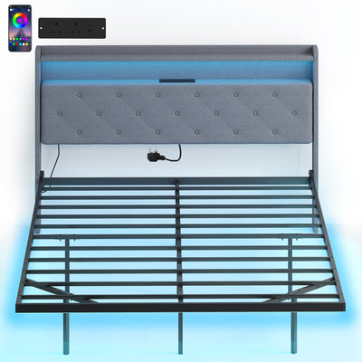 King Size Floating Bed Frame with LED Lights, Charging Ports and Storage Shelves, Grey Homcom
