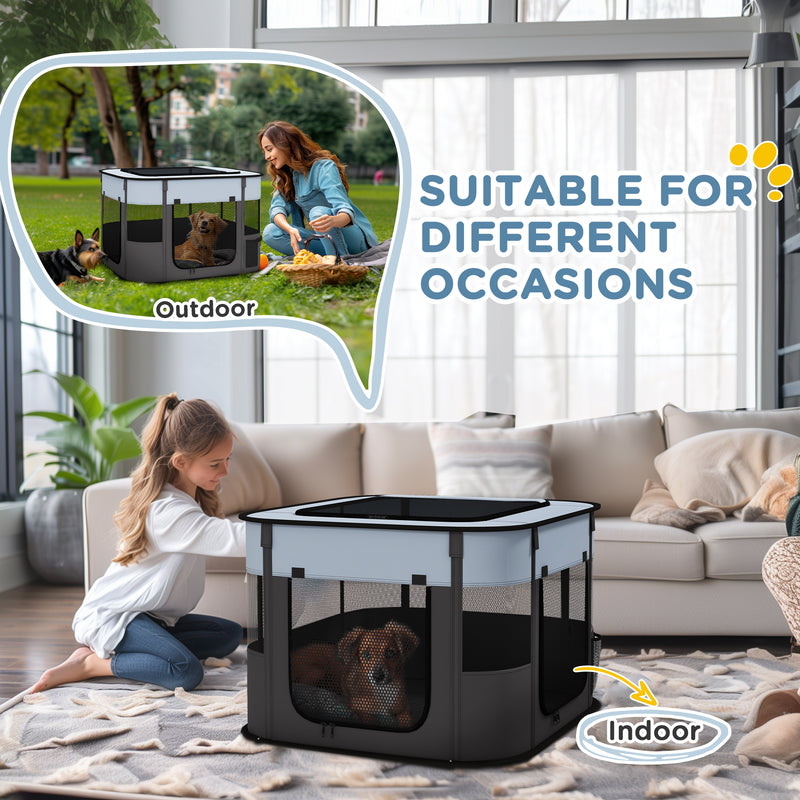Foldable Dog Playpen with Ground Stakes and Storage Bag for Indoor and Outdoor Use Grey