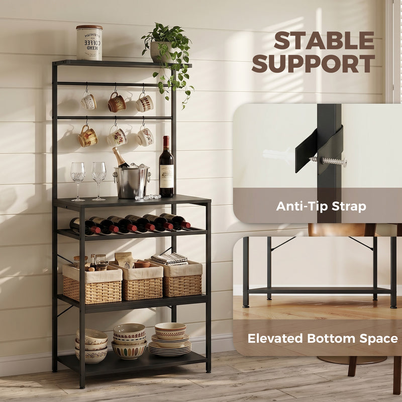 Kitchen Storage Shelf with Wine Rack and Hooks for Small Spaces Black