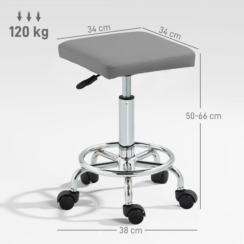 Grey Adjustable PU Leather Rolling Stool with Swivel and Wheels by HOMCOM