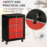 5 Drawer Lockable Steel Tool Chest With Wheels For Garage Or Workshop Use Red