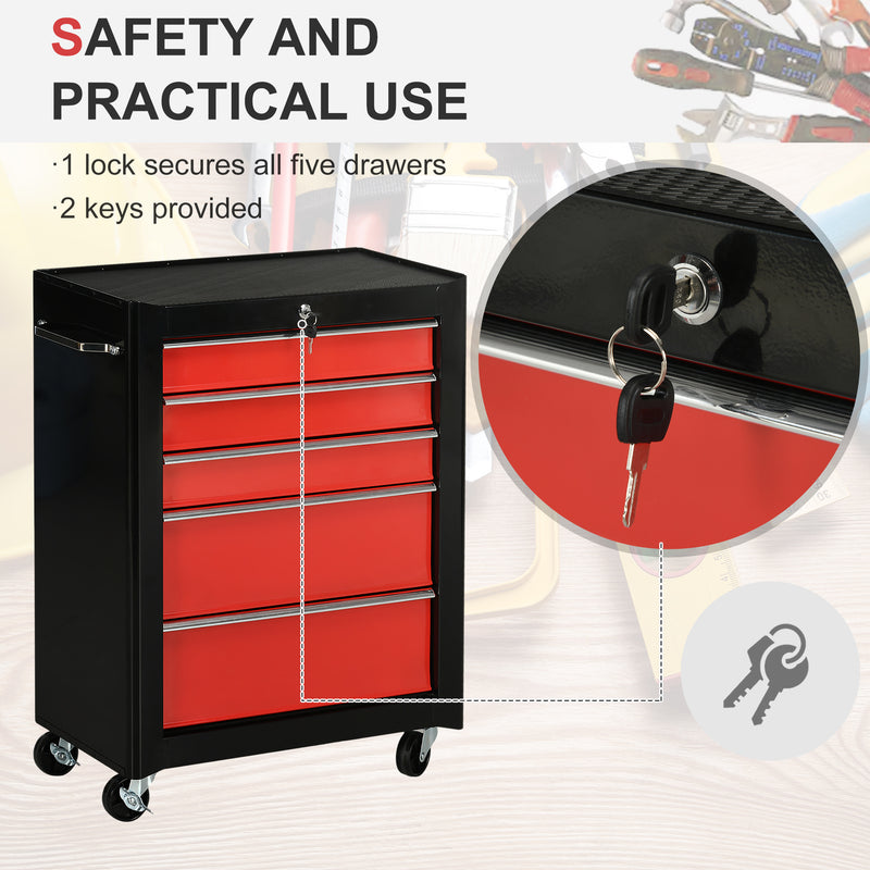 5 Drawer Lockable Steel Tool Chest With Wheels For Garage Or Workshop Use Red