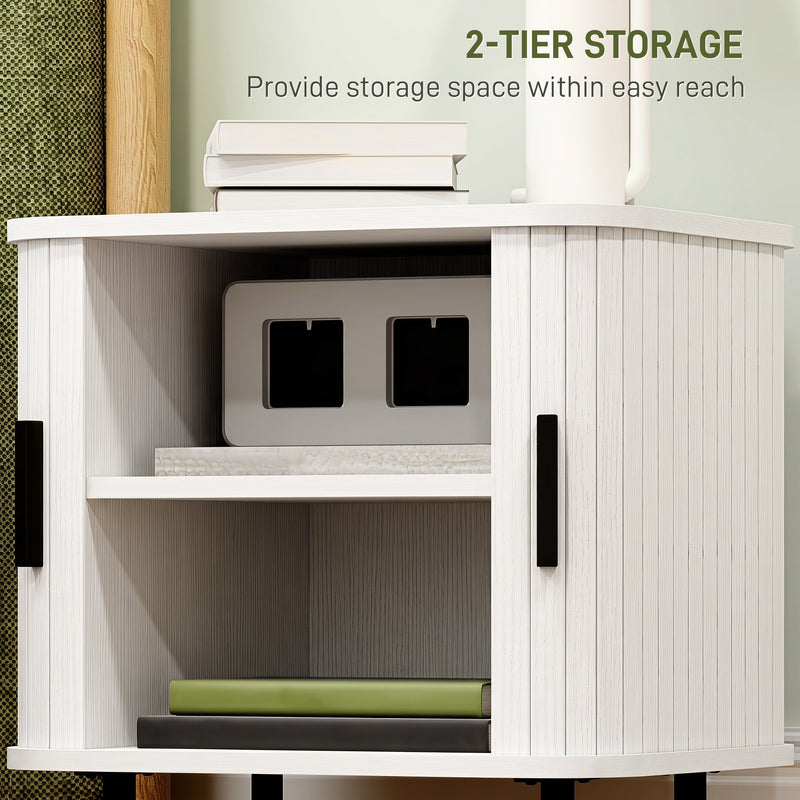 Bedside Table with Sliding Tambour Door, Two Shelves, Black Metal Legs for Organised Bedroom Storage White Wood Effect