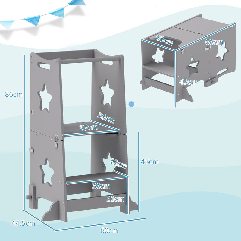 Adjustable Kids Step Stool With Safety Bar Converts to Table and Chair Grey