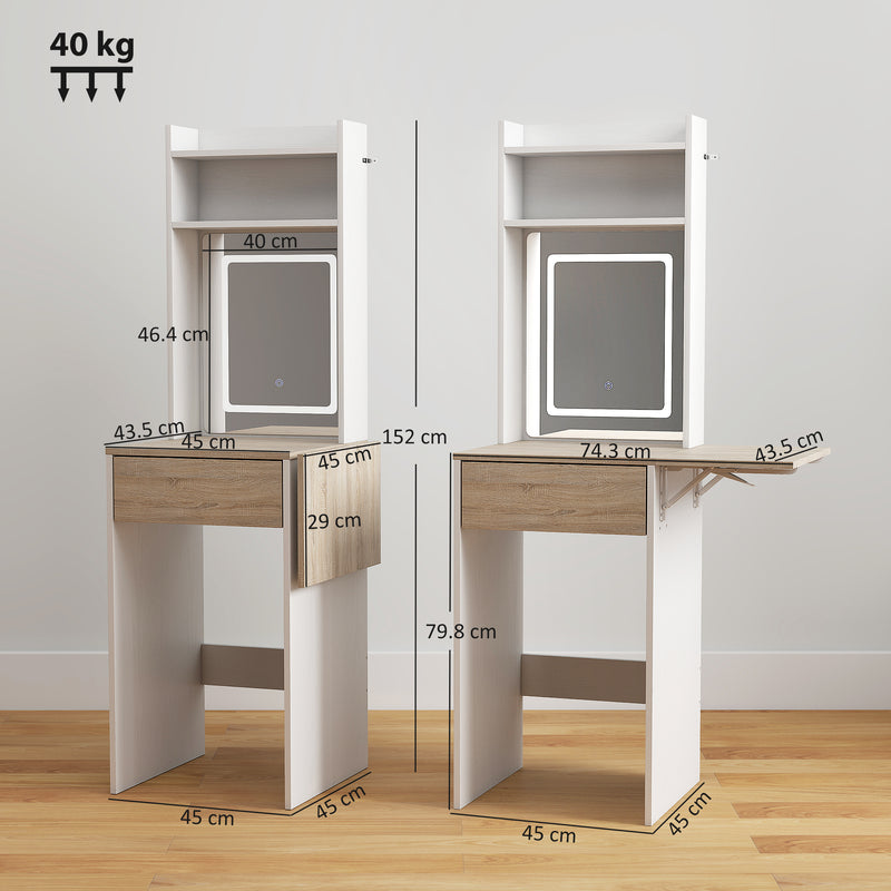 Dressing Table with Adjustable LED Mirror and Storage for Small Bedrooms White Wood Effect AOSOM