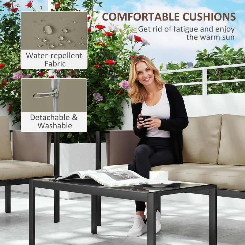 4 Piece Metal Garden Furniture Set with Glass Table and Cushions Khaki by Outsunny