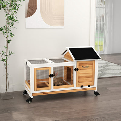 Wooden Rabbit Hutch with Removable Tray and Wheels Ideal for Guinea Pigs Yellow