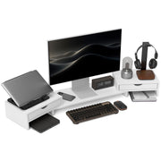 White Dual Monitor Stand Riser with Adjustable Length and Storage Drawers by HOMCOM AOSOM