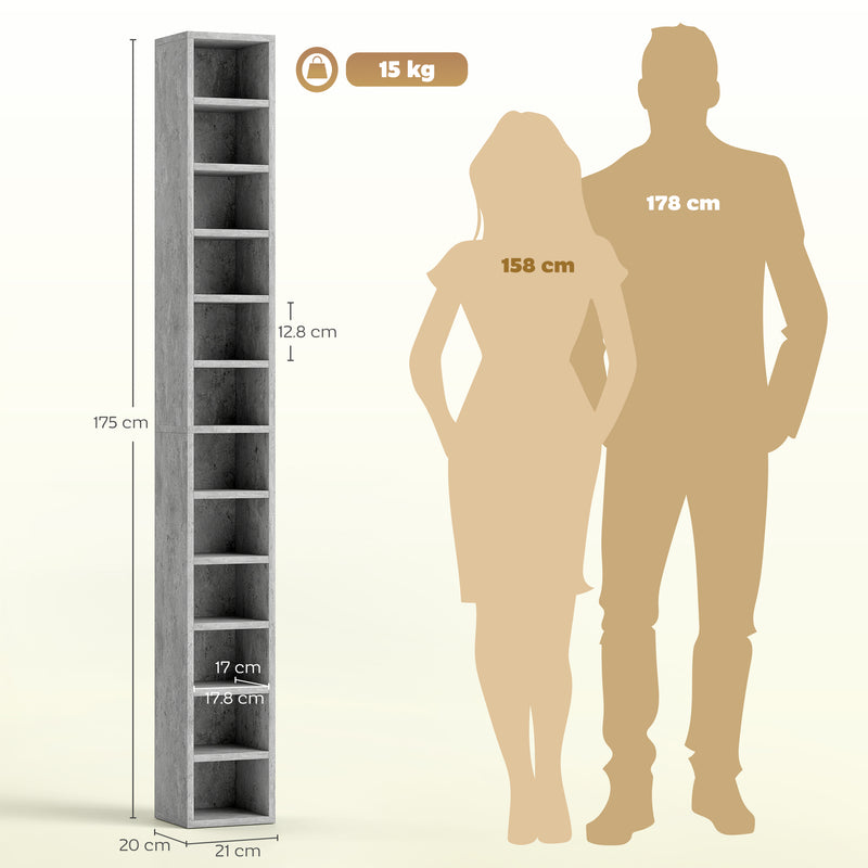 CD Storage Tower for 204 Discs Space Saving 12 Tier Unit for Organised Home Cement Grey