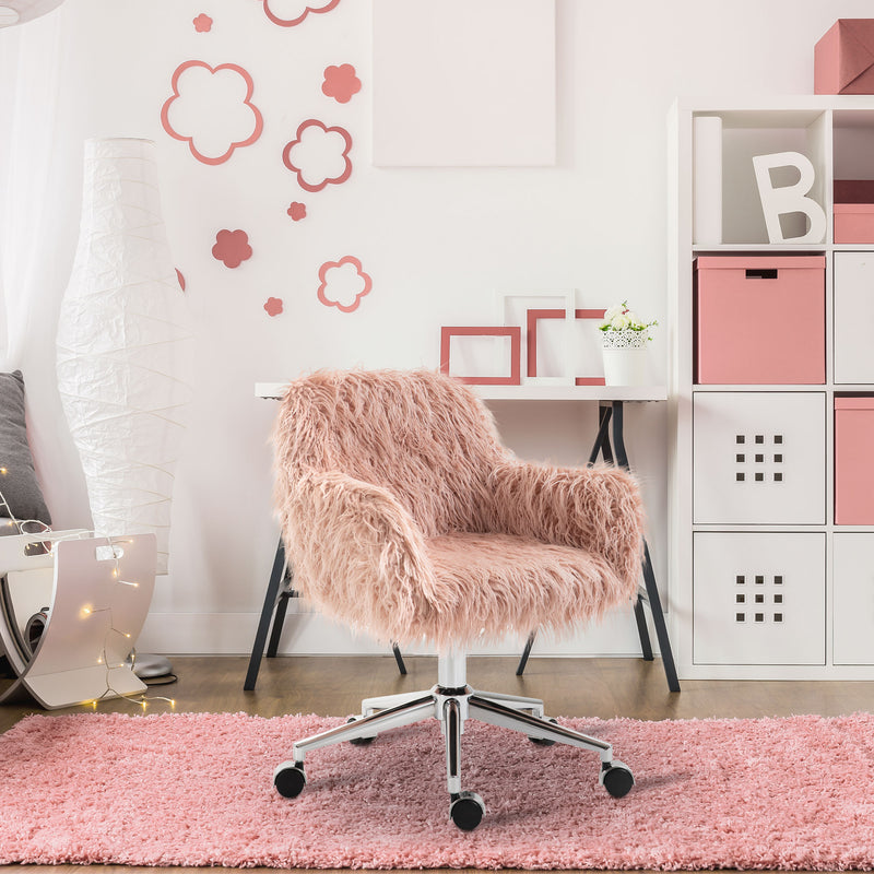 Office Chair with Soft Faux Fur Seat and Adjustable Height for Home Workspace Pink