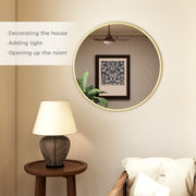 Large Round Mirror For Wall 61cm Gold Modern Decorative Accent For Bedroom Living Room Bathroom