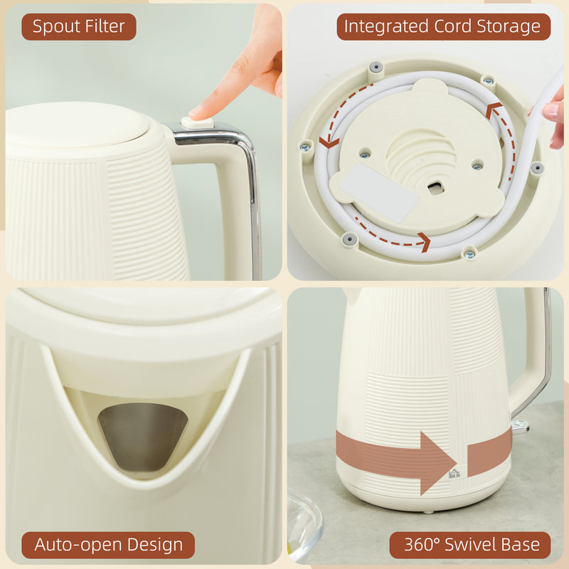 Cream White Cordless Kettle and Toaster Set 1.7L 3000W Fast Boil with 7 Browning Levels by HOMCOM
