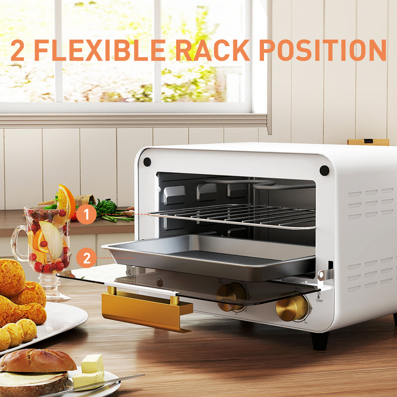 White 12L Mini Toaster Oven With Adjustable Timer and Glass Door For Small Kitchens
