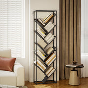 Modern Bookcase For Home Office Organisation - 10 Tiers - Black Metal Frame With Angled Grey Shelves Homcom