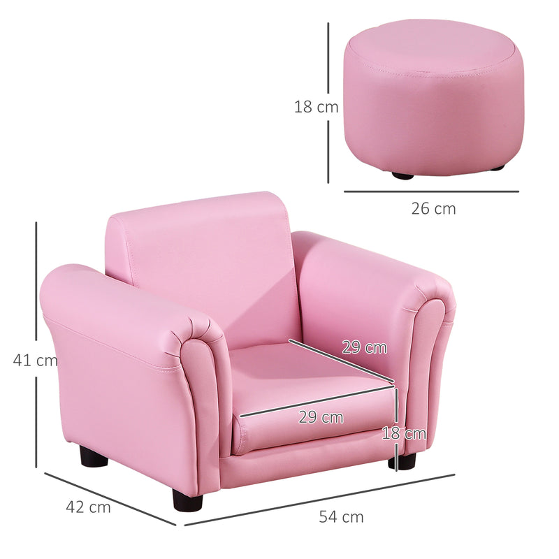 Kids Armchair with Footstool Soft Upholstered Single Seater Sofa for Toddlers, Pink