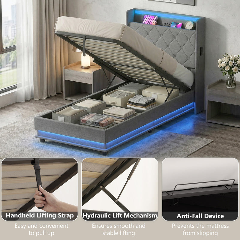 Ottoman bed raised in a bedroom with close-ups of the lifting strap, hydraulic lift and anti-fall device