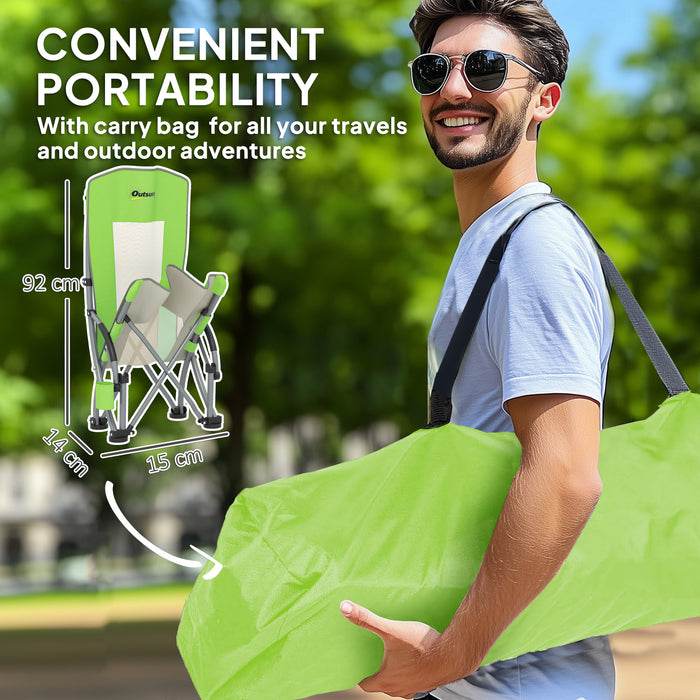 Set of 2 Green Folding Beach Chairs with Mesh Back Cup Holder and Carry Bag for Camping