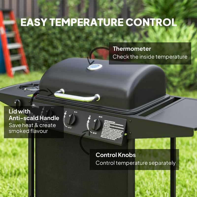 3 Plus 1 Burner Gas BBQ Grill with Thermometer Side Table and Wheels in Black by Outsunny