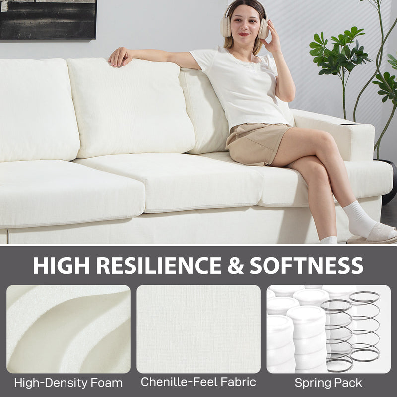 3 Seater Sofa with USB Charging Ports and Cup Holders for Living Room Cream White