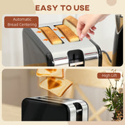 Retro Toaster and Kettle Set with Fast Boil and Reheat Function for Kitchen, Black