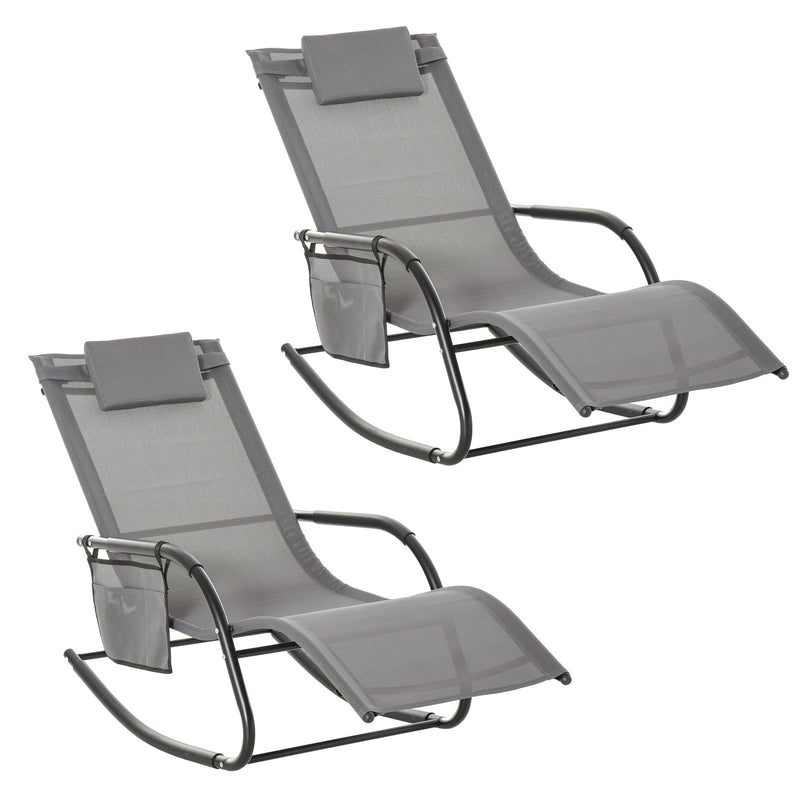 2 Piece Outdoor Rocking Chair Set with Headrest and Side Storage for Garden Grey AOSOM